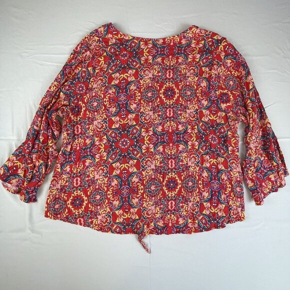 Torrid Womens Sz 3 3X Red Paisley Lenny Tie Front Bell Sleeve‎ V-Neck Boho Slub - Picture 13 of 15